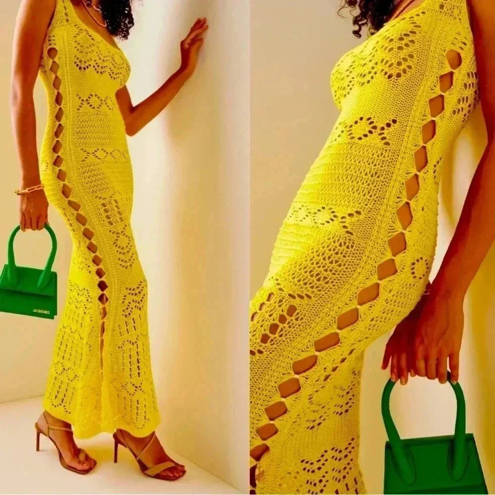 Alexis Crochet Maxi Dress Yellow L Sleeveless Cutout Coverup Bodycon Knit $825